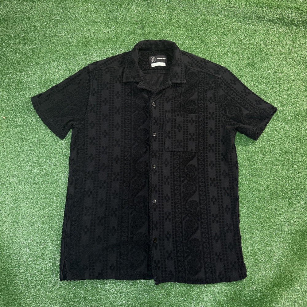 Original Use Men's Paisley Terrycloth Black Short Sleeve Button-Up Shirt Small